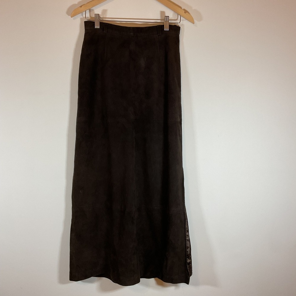 Joseph Abboud Collection Brown Suede Leather Maxi Skirt Side Slit Size 8 - Picture 1 of 11